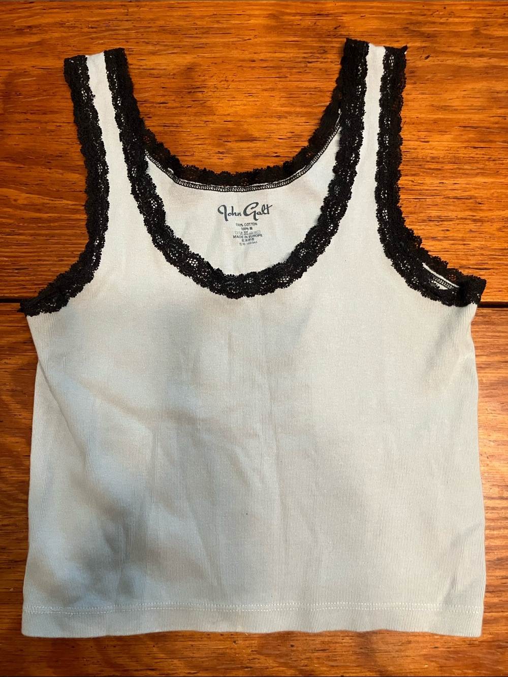 John Galt Light Blue Tank Top with Black Lace Trim